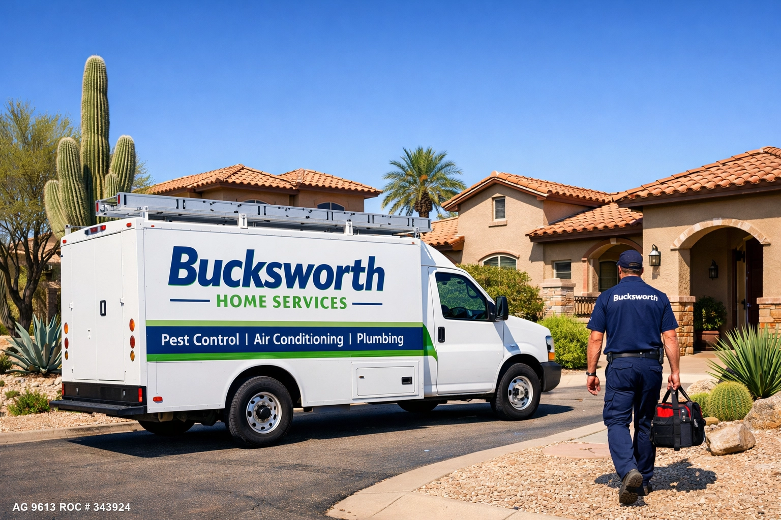 Bucksworth Home Services truck in a Mesa neighborhood for residential plumbing and water heater repair.