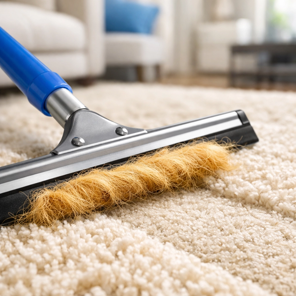 Using a window squeegee to remove embedded pet hair from a cream area rug.