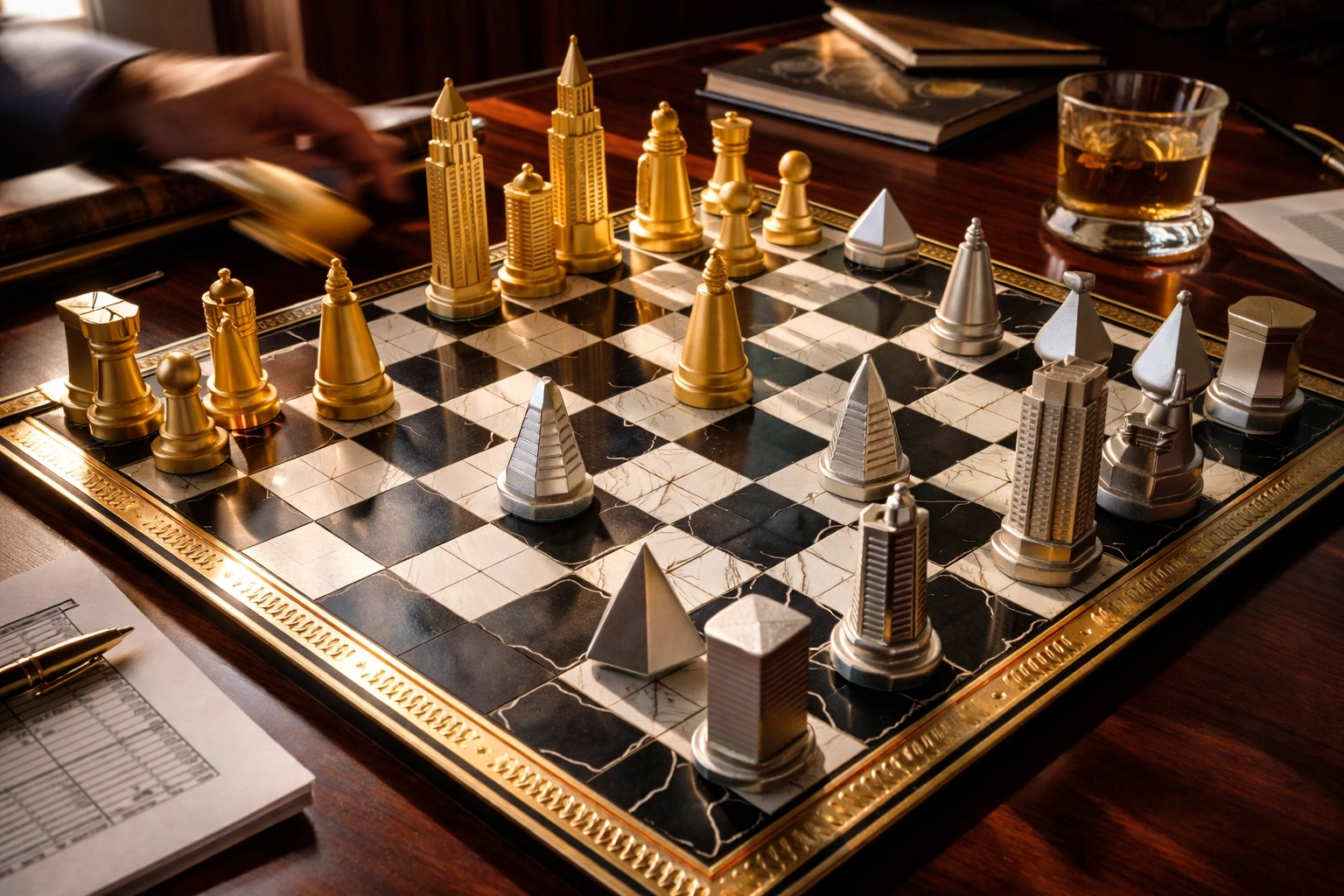 Strategic chess board representing rules-based hedge fund allocation and portfolio diversification