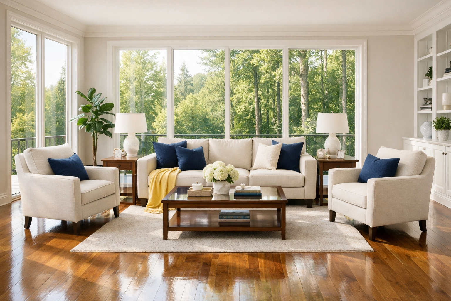 Spotless Ashby MA living room with hardwood floors after professional House Cleaning Ashby MA services.