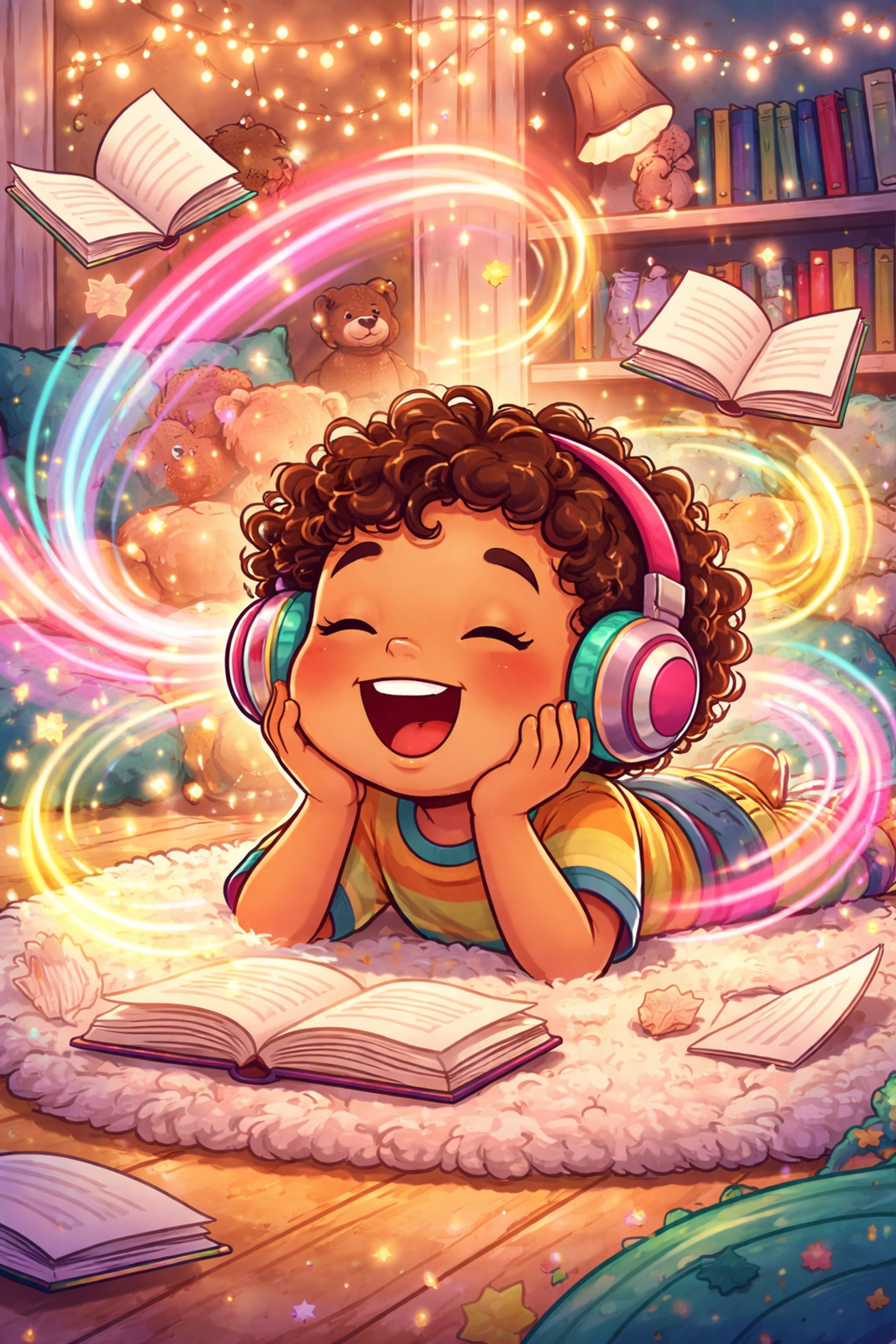 Happy child with headphones listening to stories, surrounded by floating books symbolizing accessible reading