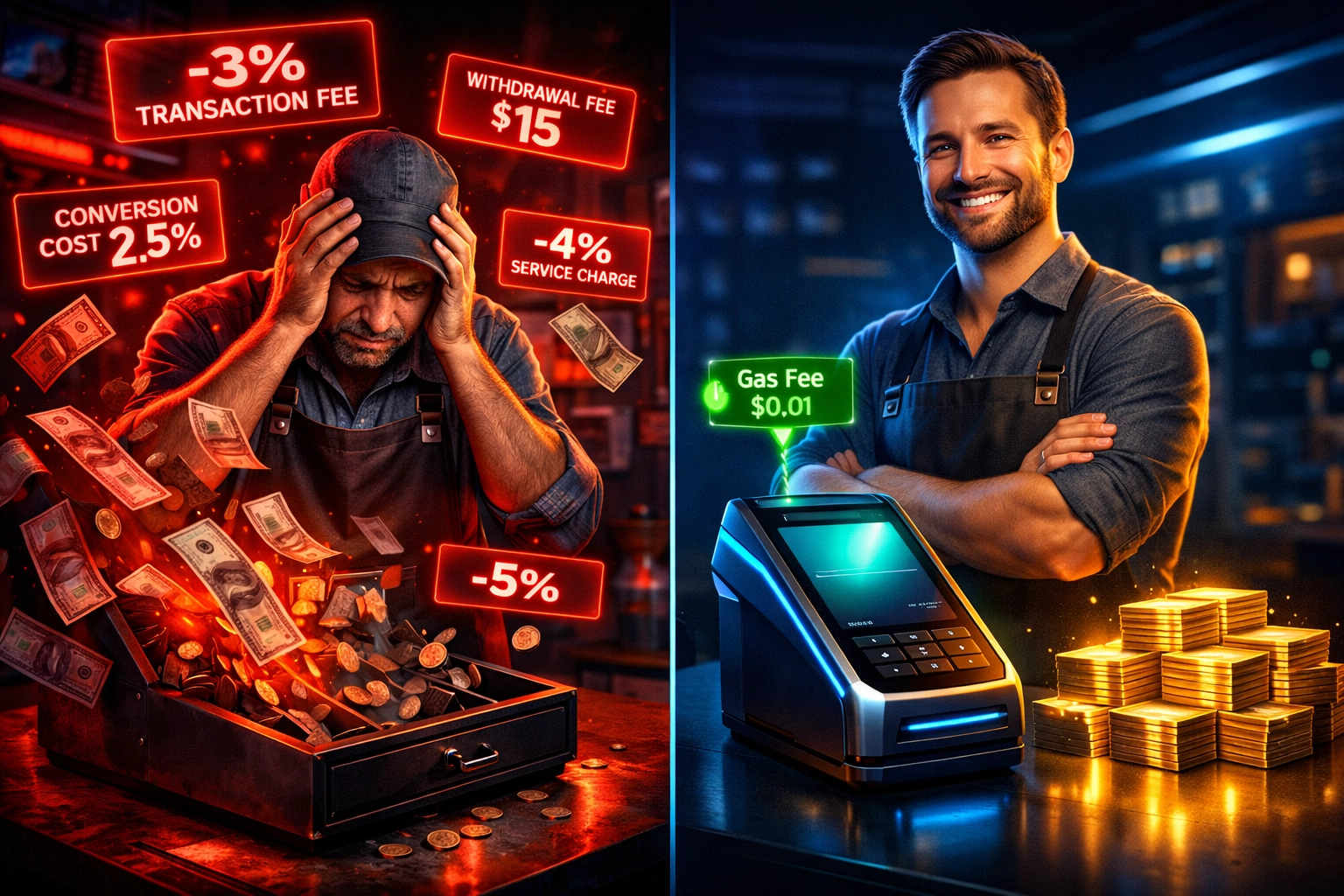 Merchant fee comparison showing traditional crypto payment processors draining costs vs Larecoin saving money