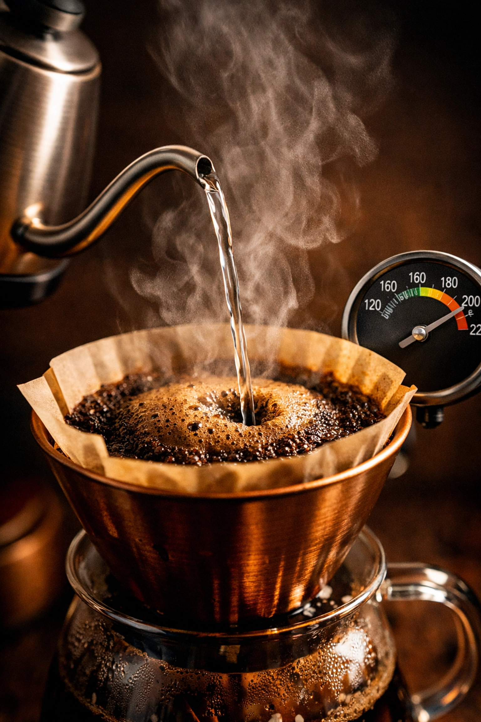Gooseneck kettle pouring hot water at correct temperature into pour-over coffee maker