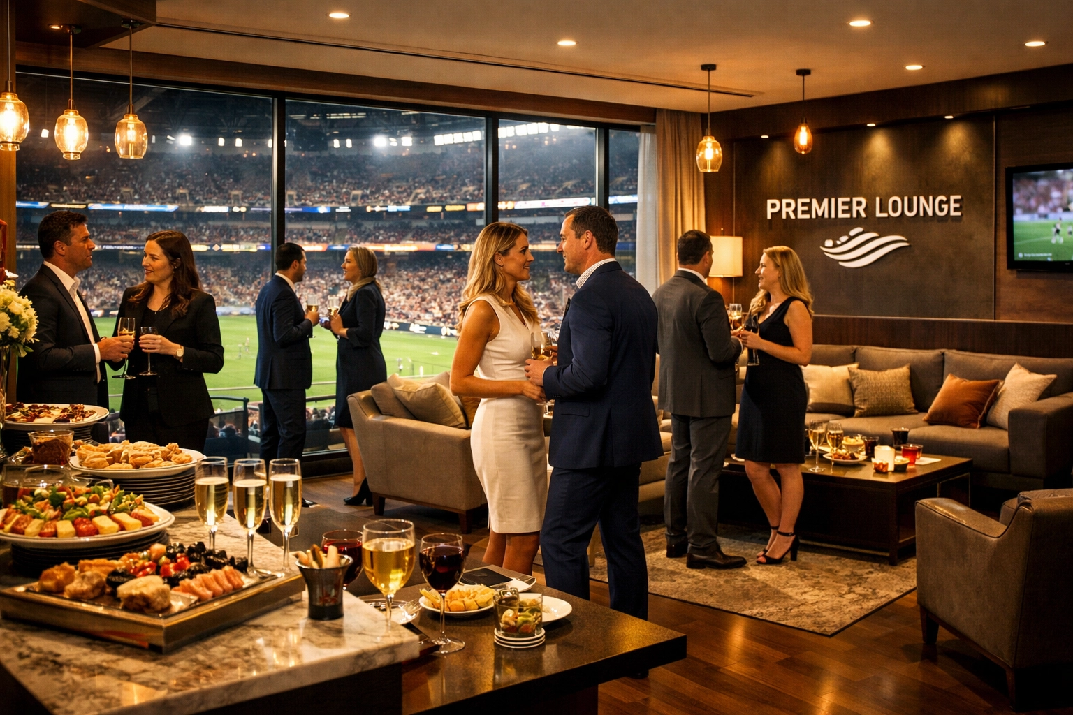 Premium VIP hospitality suite at sports venue showing luxury brand activation and guest networking