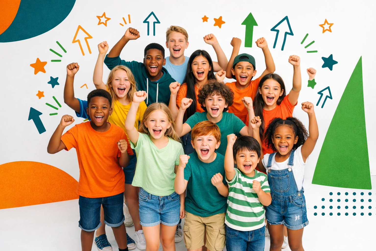 Diverse group of confident kids and teens excited for the Easter Life Skills Bootcamp challenge.