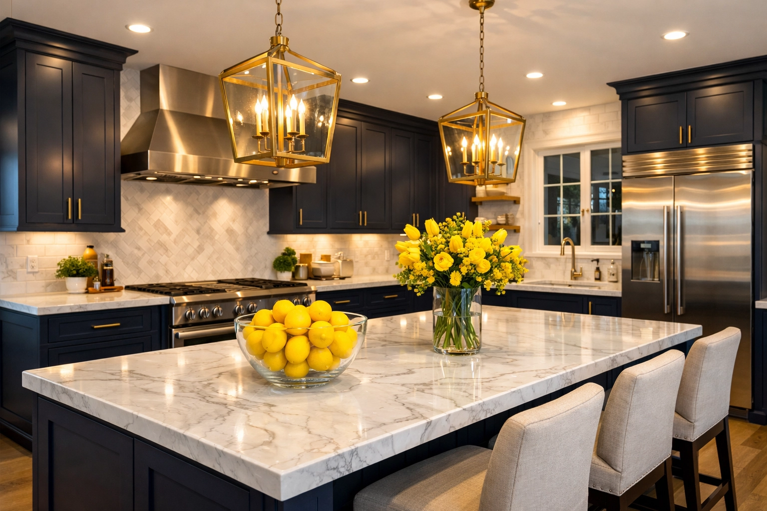 Spotless luxury kitchen with marble counters after professional post construction cleaning in a renovated home.