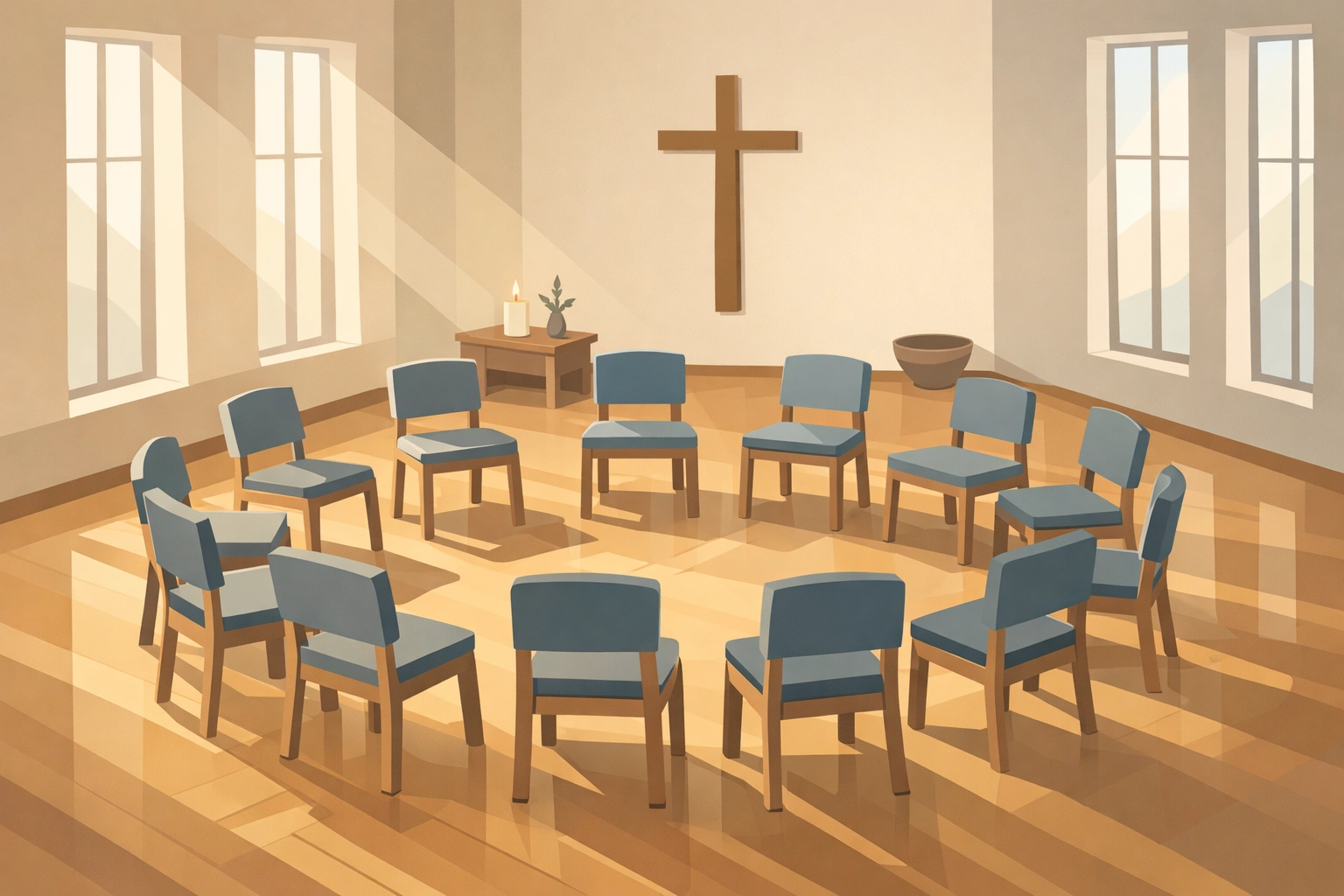 Empty worship space with chairs in circle representing quiet moments in Christian worship