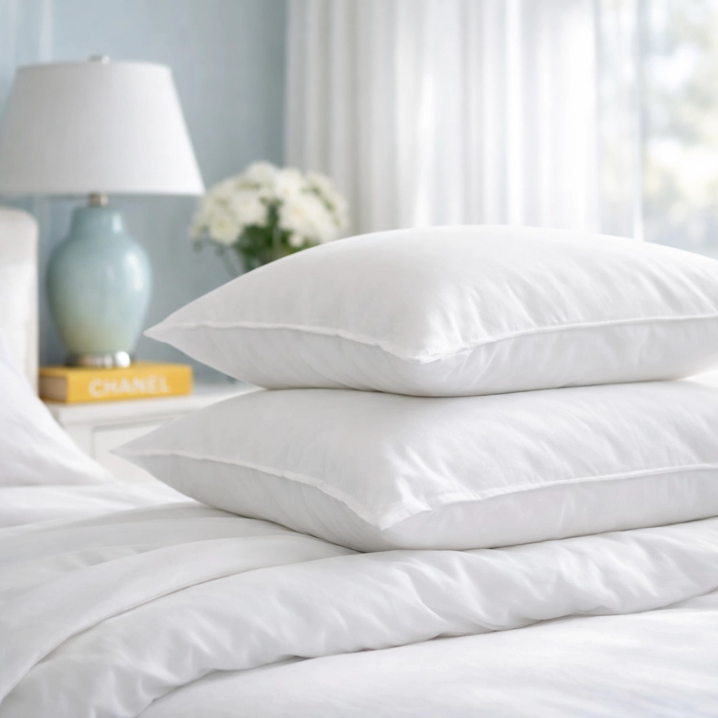 Clean white pillows on a bed in a sun-lit bedroom, essential for good indoor air quality and hygiene.