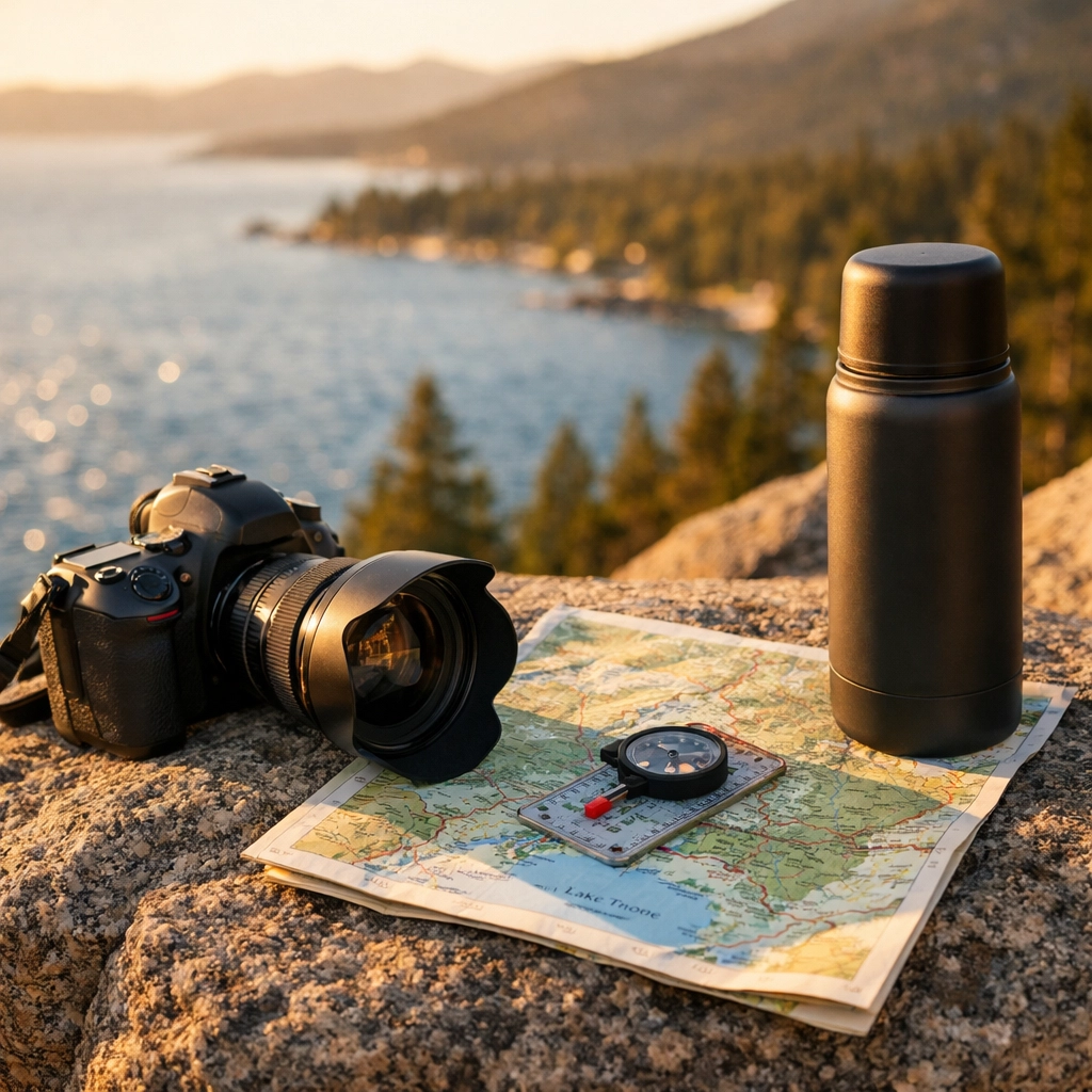 Professional photography gear on a granite boulder overlooking Lake Tahoe during the golden hour.