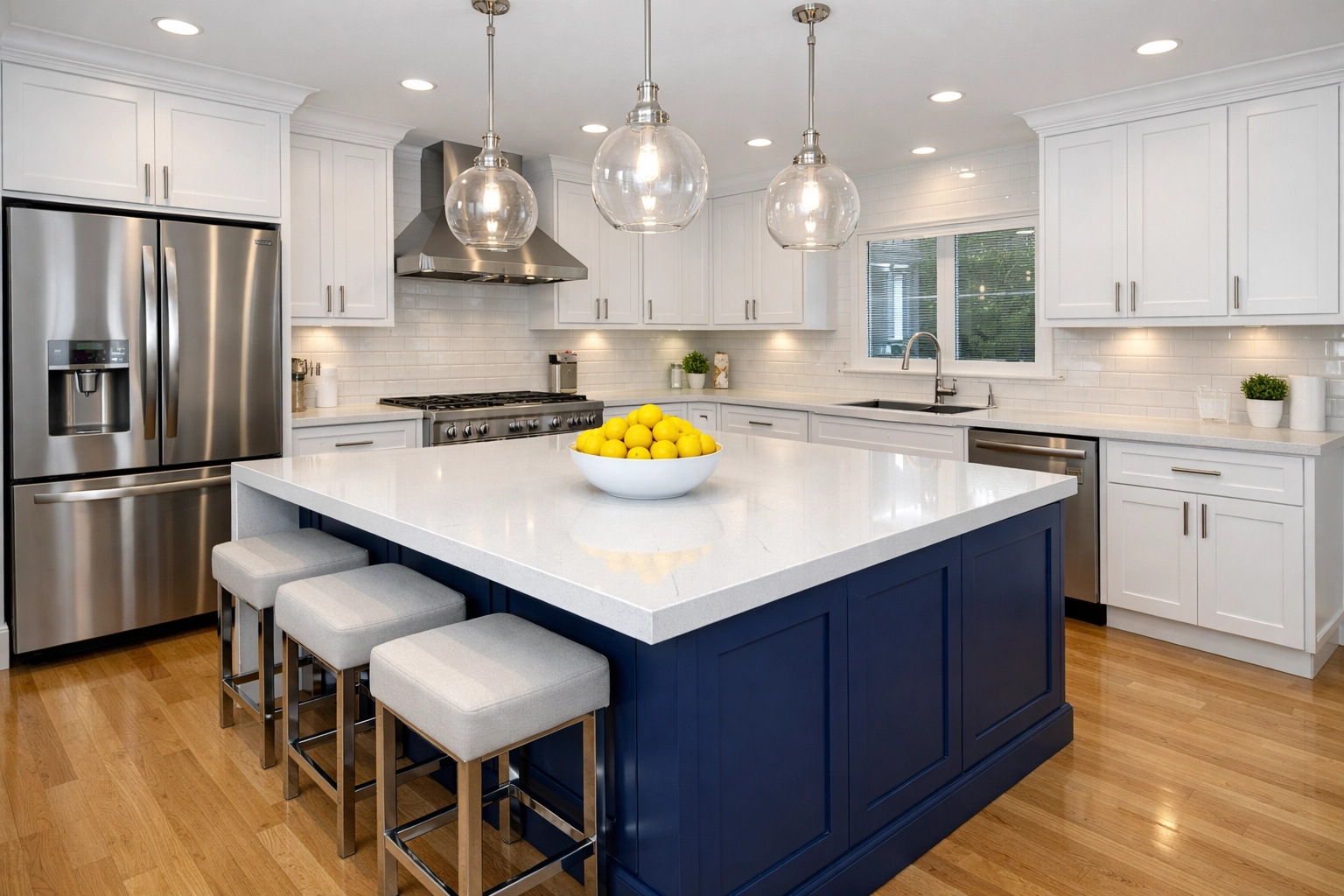 A sparkling luxury kitchen with gleaming appliances, perfectly maintained by weekly house cleaning Hudson services.