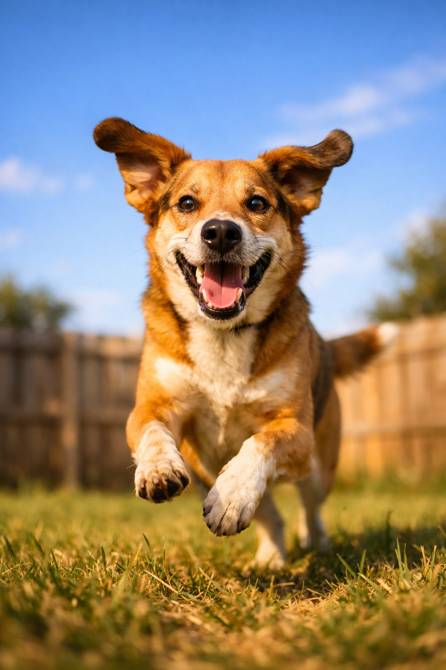 Happy foster dog running joyfully in backyard during foster care