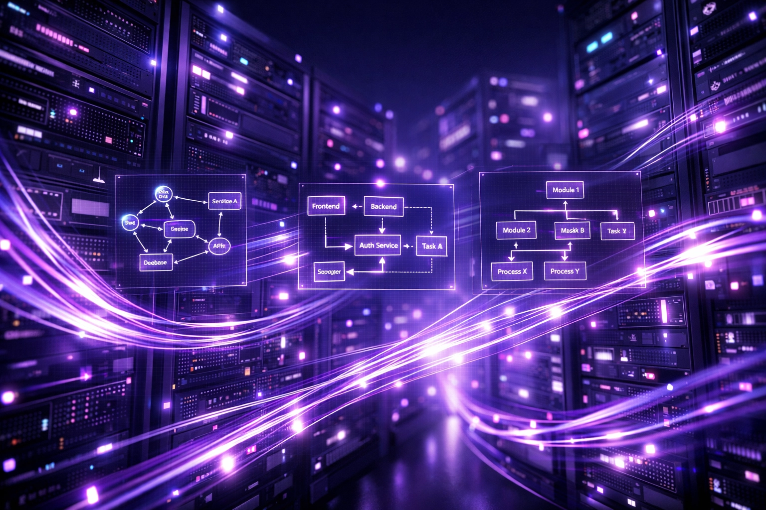Interconnected data center infrastructure showing complex dependencies in migration planning