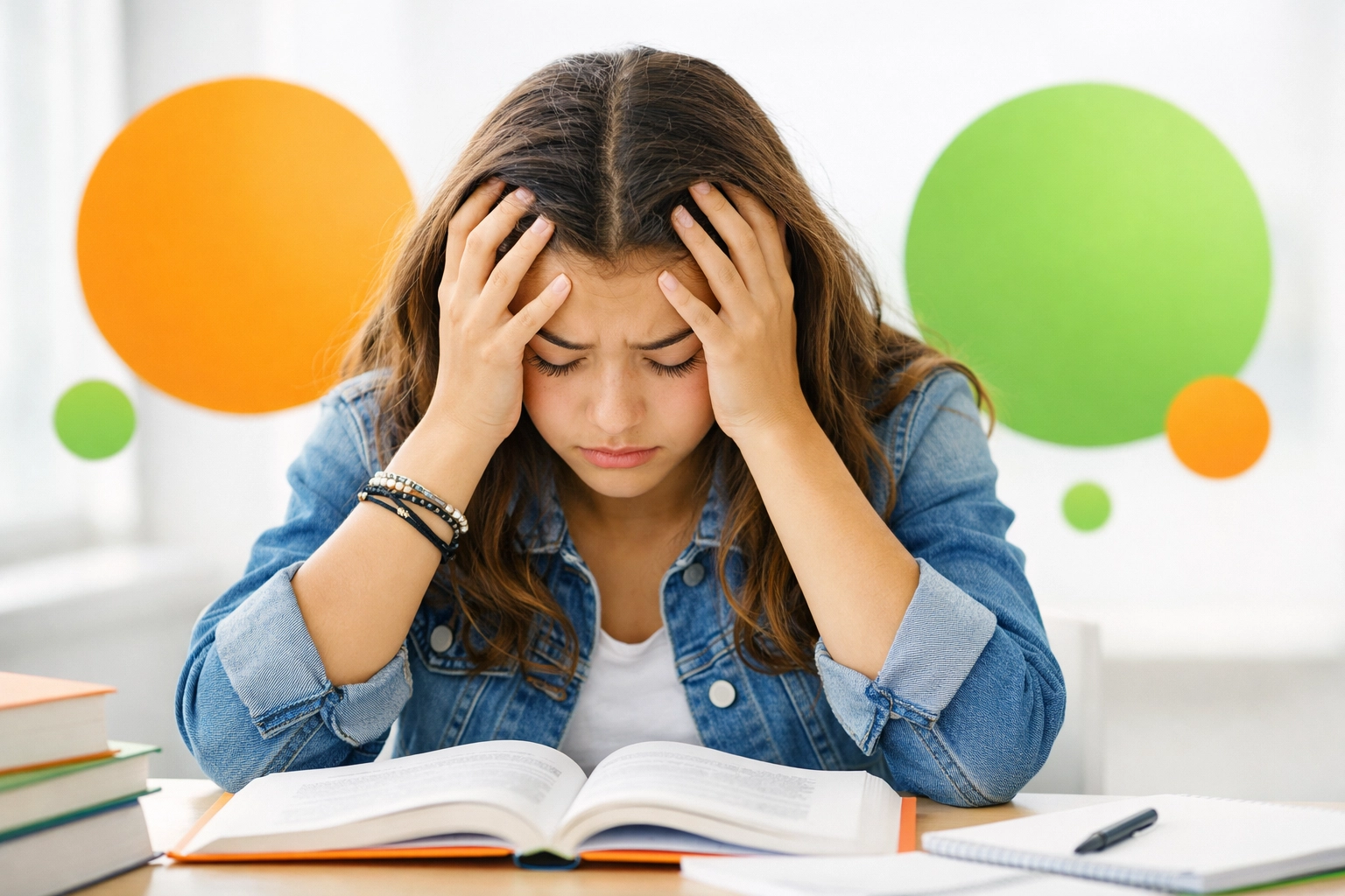Stressed teenage girl studying at desk overwhelmed by academic pressure