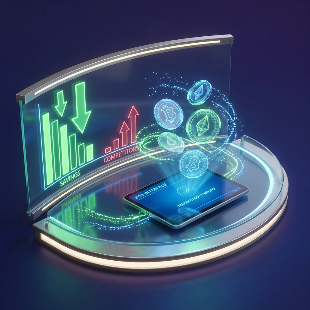 Futuristic dashboard comparing crypto POS system costs, highlighting Larecoin's 50% fee savings over competitors.