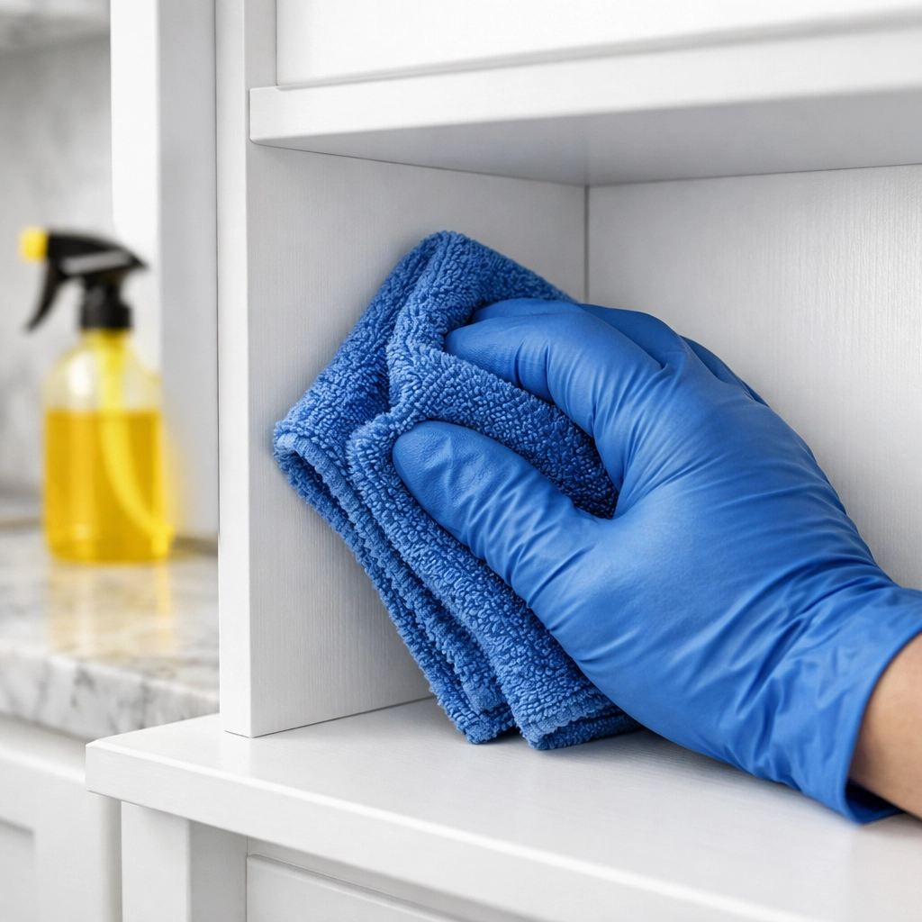 Professional cleaner wiping dust from white cabinets during post construction cleaning in Franklin.