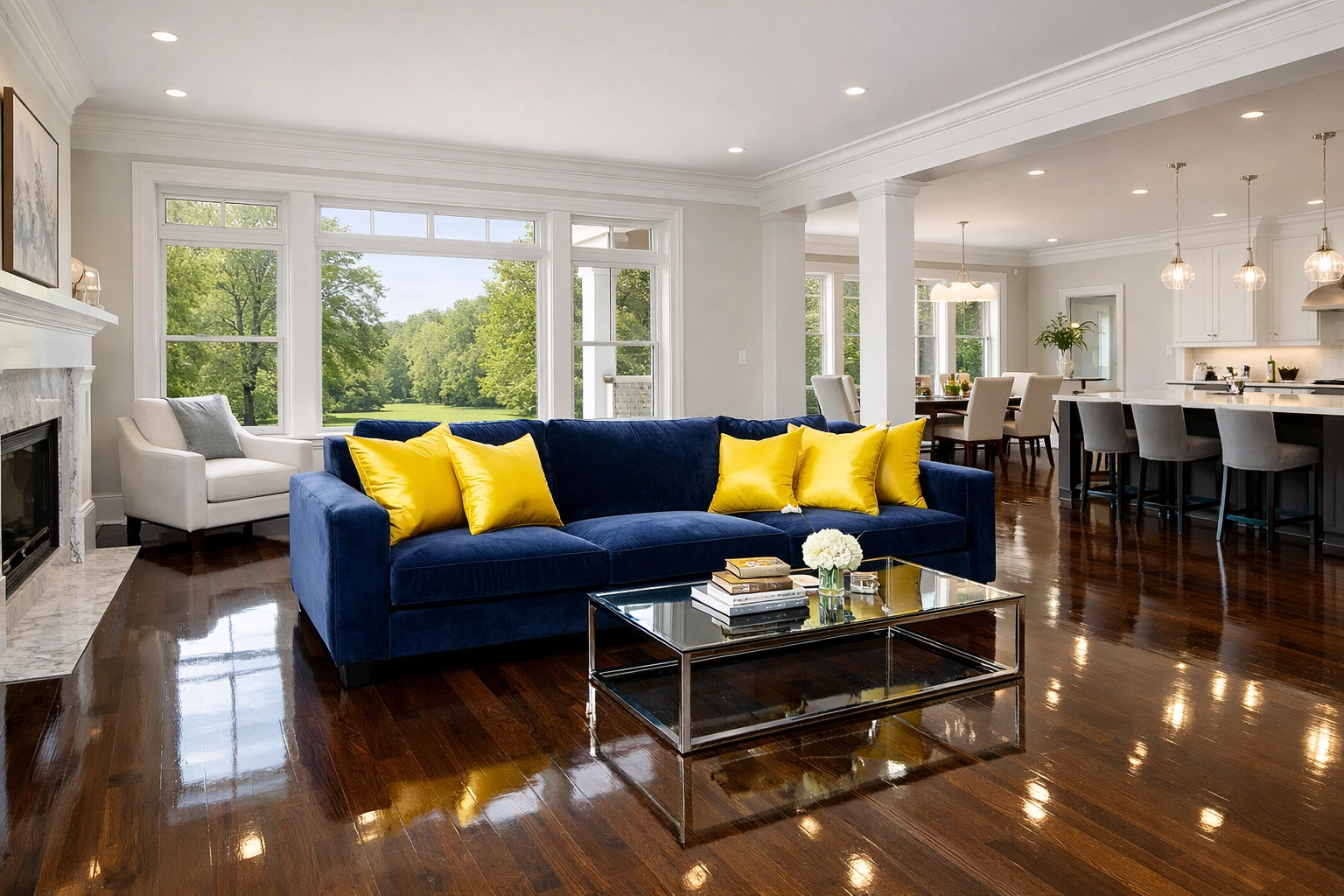 Spotless living room with polished hardwood floors cleaned by a professional maid service in Lunenburg MA.