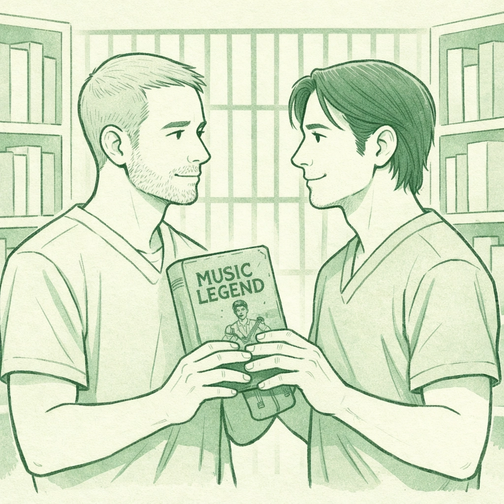 Gay men exchanging books in prison library, LGBTQ fiction moment