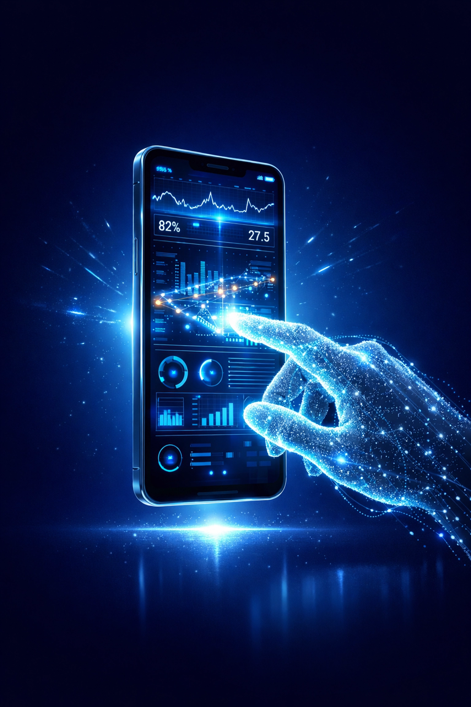 Digital dashboard on a smartphone showing real-time Google Business Profile activity and social media AI updates.