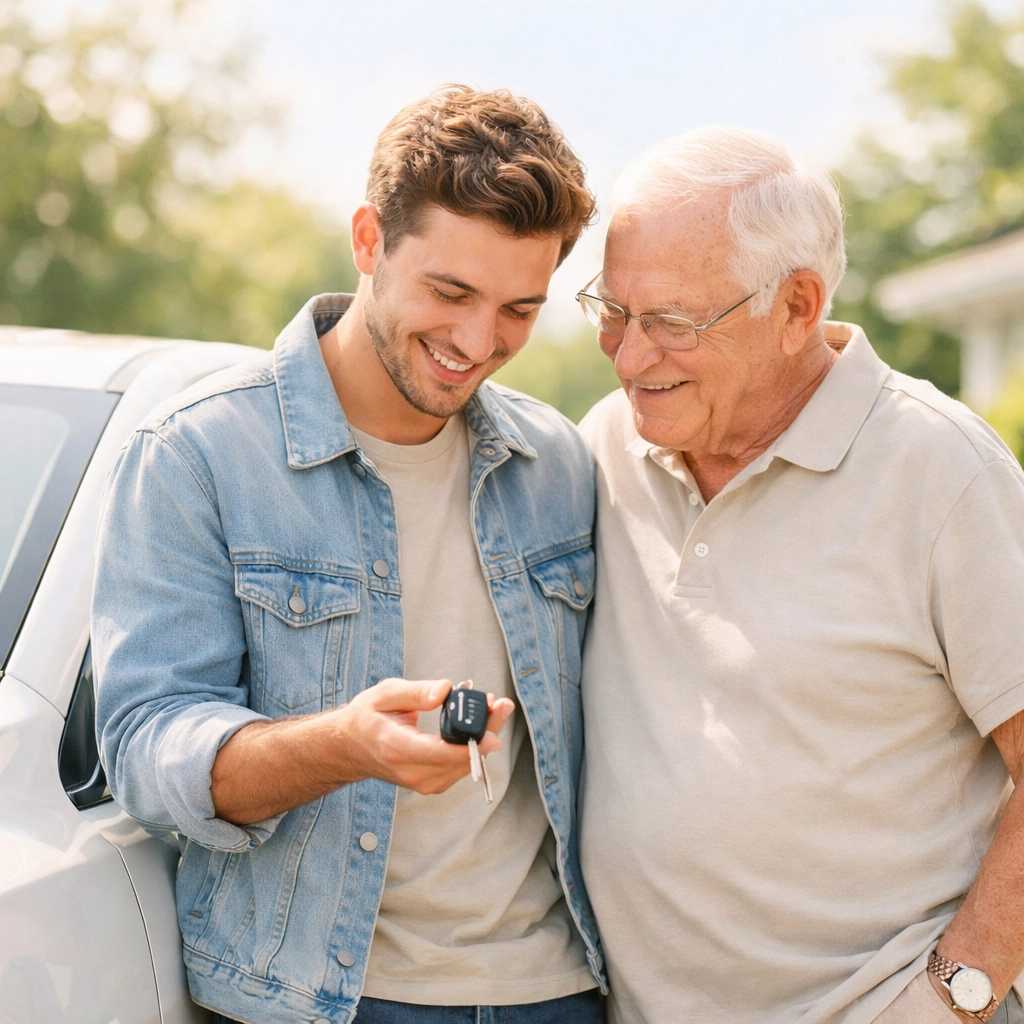Grandfather and grandson sharing keys, representing PA auto insurance rates for different ages.