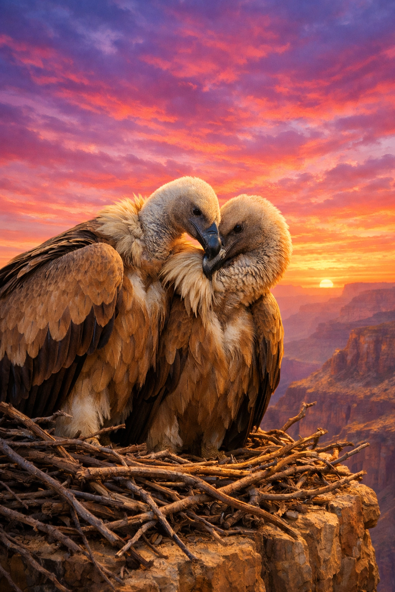 Pair of male griffon vultures nesting together, showing same-sex avian romance and protective parenting bonds.