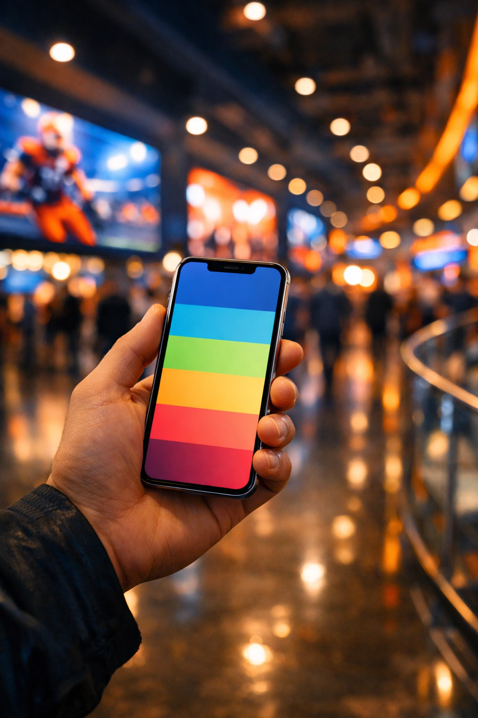 Person holding a smartphone near digital stadium screens illustrating an omnichannel programmatic DOOH campaign.