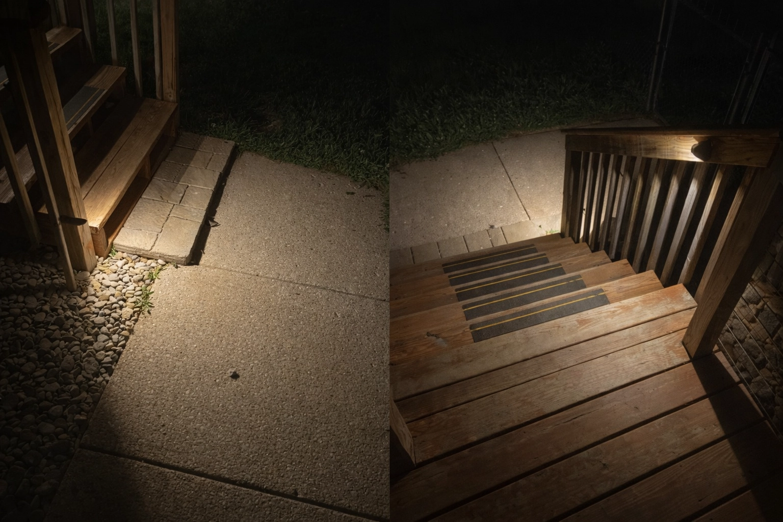 Outdoor steps and sidewalk with lighting