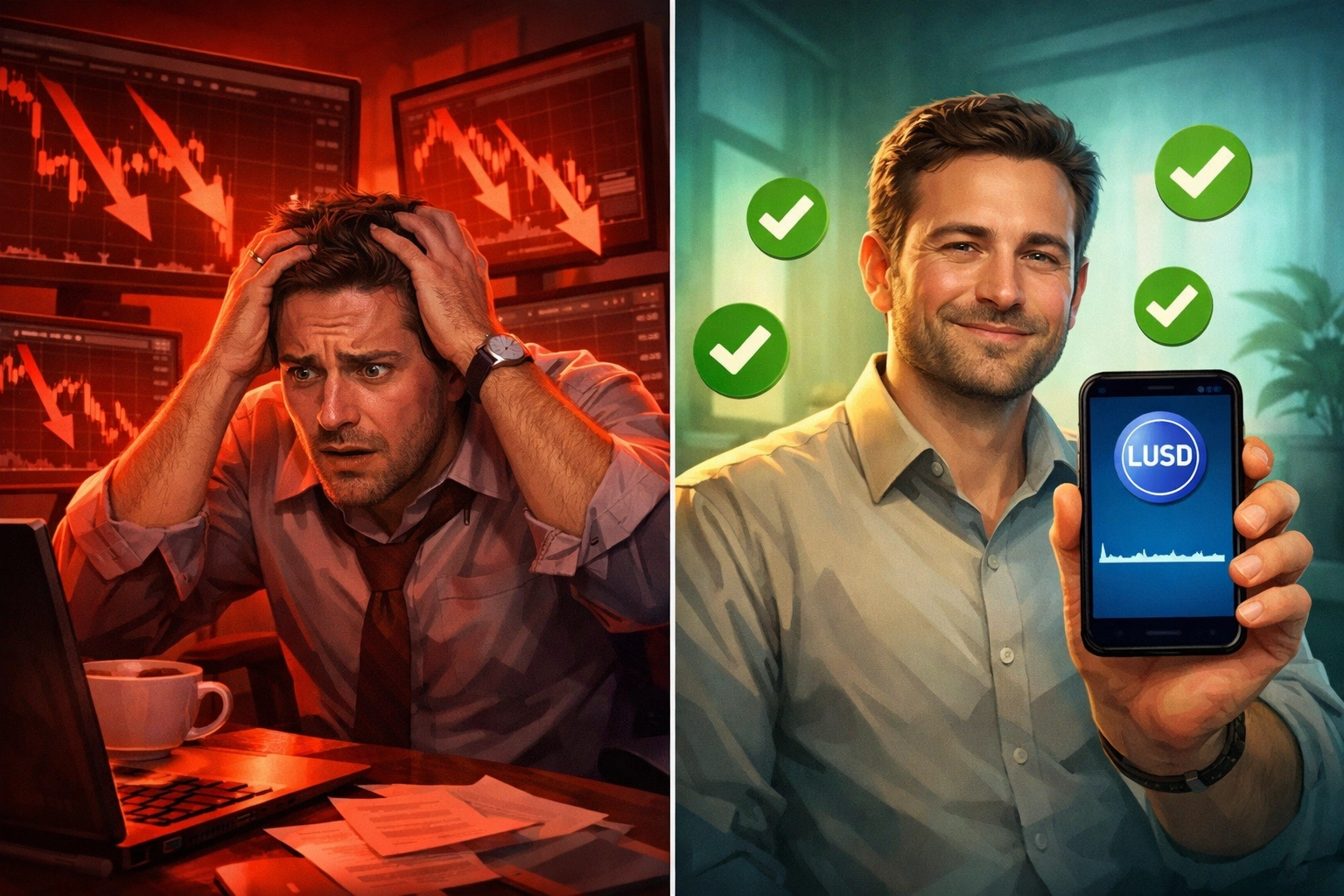 Merchant comparing volatile crypto prices with stable LUSD stablecoin protection