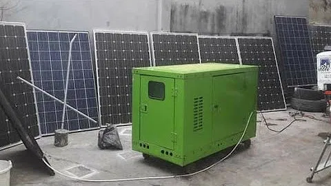 An eco-friendly setup showing an Obairawo Fuelless Generator connected to a series of solar panels outdoors.