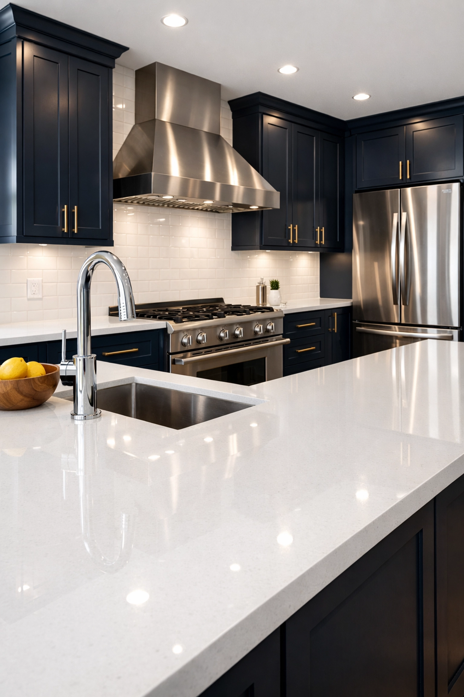Deep cleaned kitchen with navy cabinets and quartz counters in a Fitchburg short-term rental.