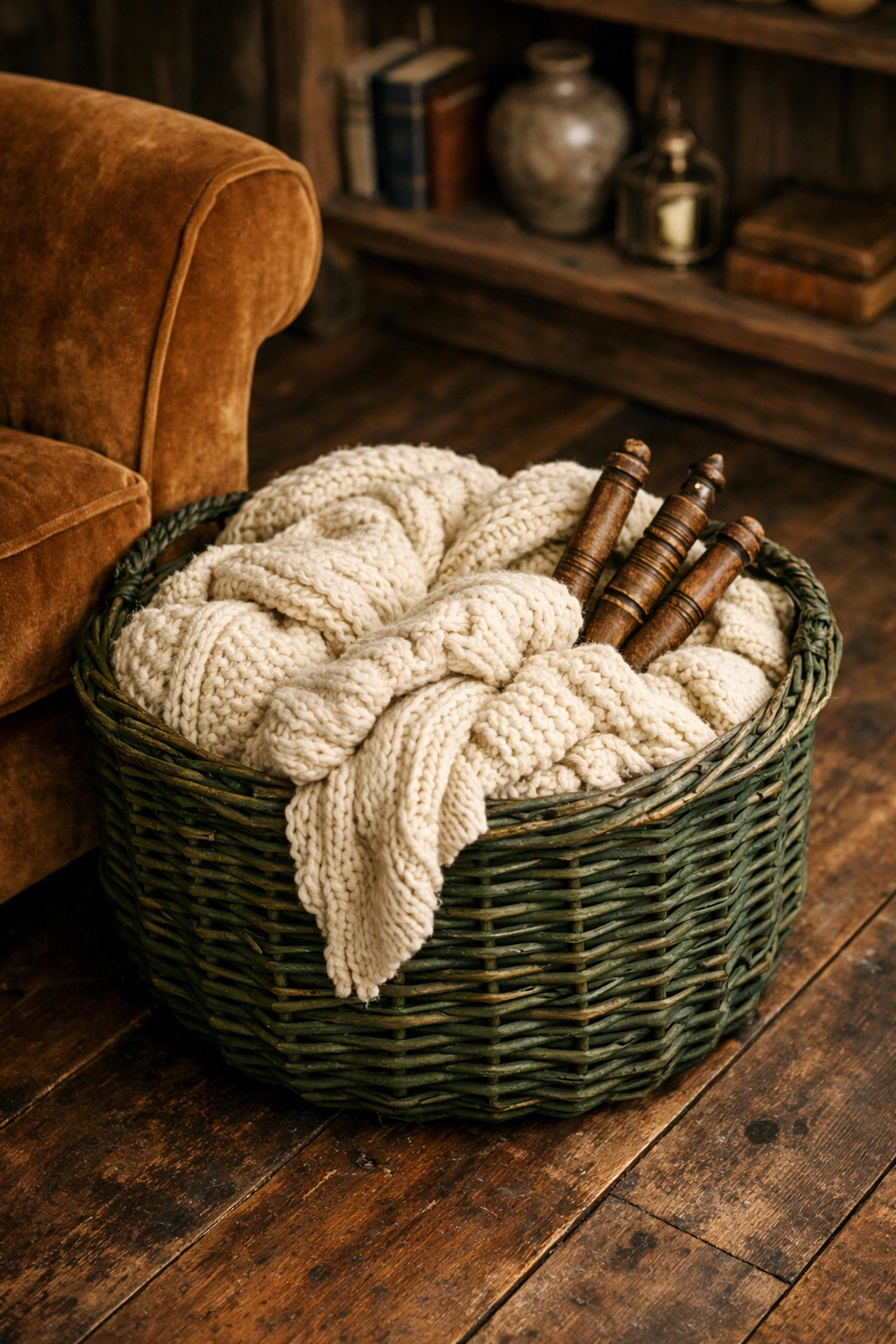Curated home decor featuring a woven green willow basket and textured knit throws near a velvet chair.