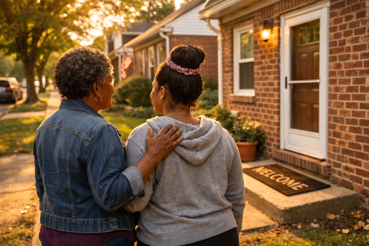 A community mentor and mother standing before a home, representing South Jersey housing stability.