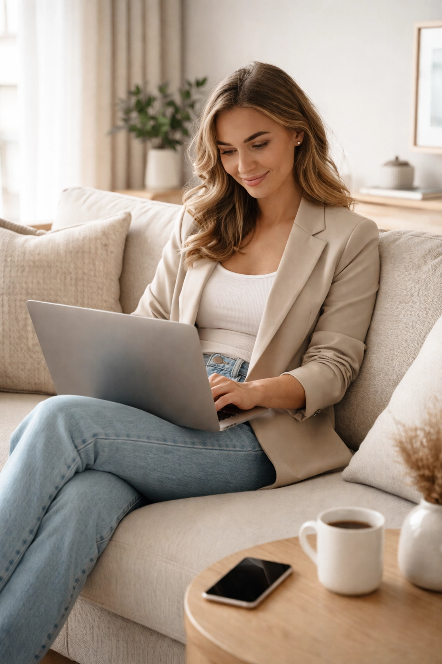 Woman using a laptop for remote notarization from her living room, highlighting RON convenience in Texas