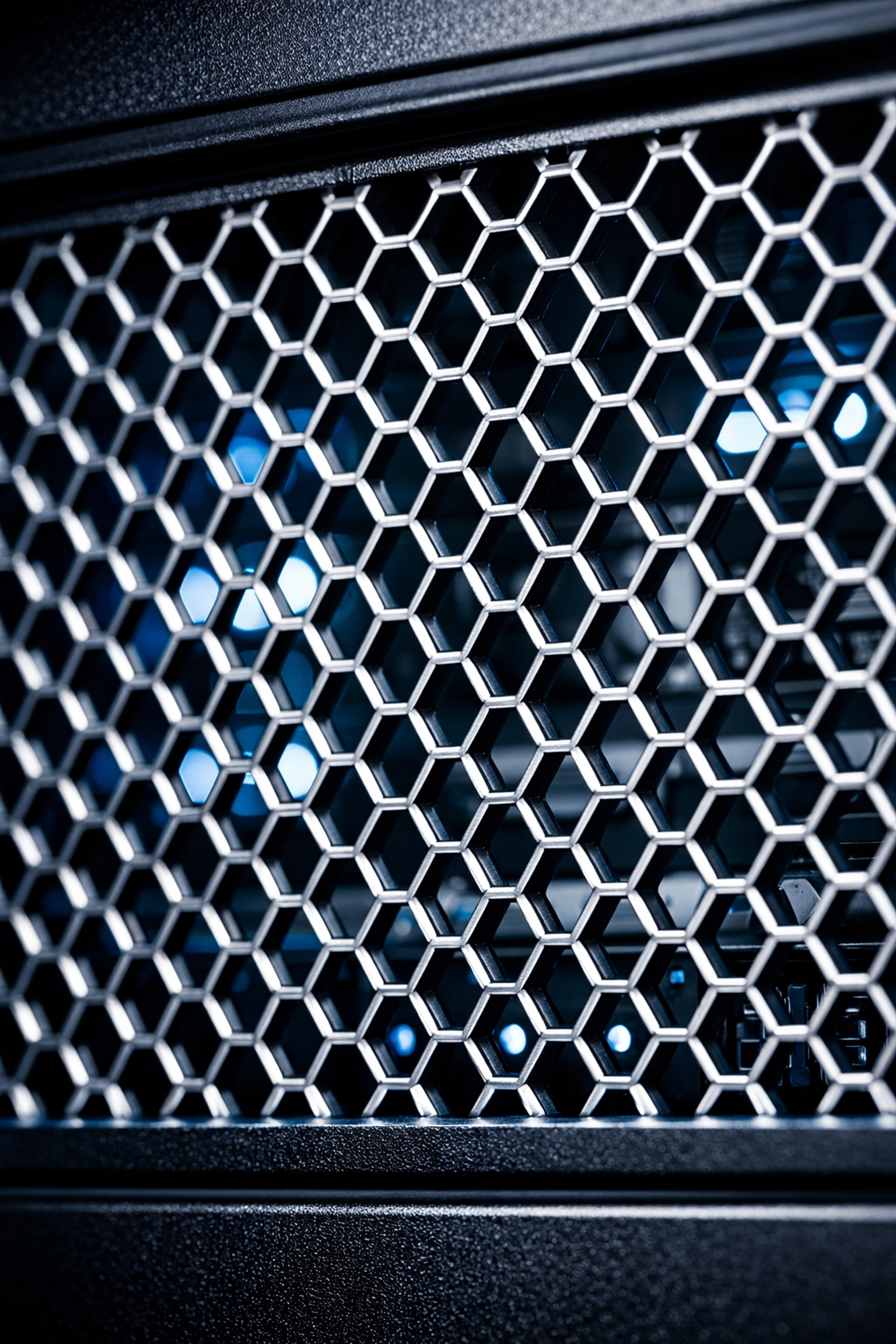 Clean hexagonal mesh of a server rack ventilation intake in a dust-free data center environment.