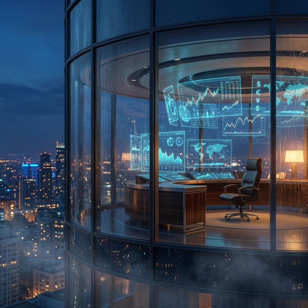 Modern trading floor with global market data visuals, highlighting hedge fund decision-making and portfolio management.