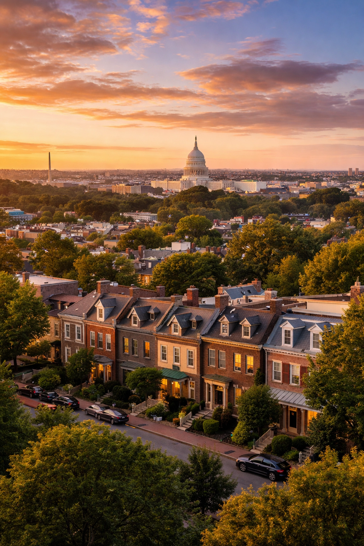 Washington DC skyline with Maryland neighborhood townhouses representing the DMV housing market