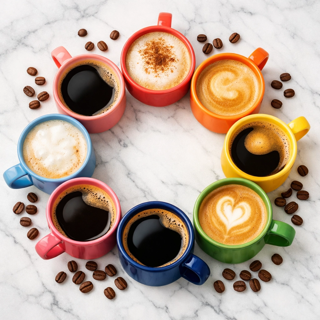 Colorful coffee mugs arranged in circle showing different styles for choosing the perfect mug