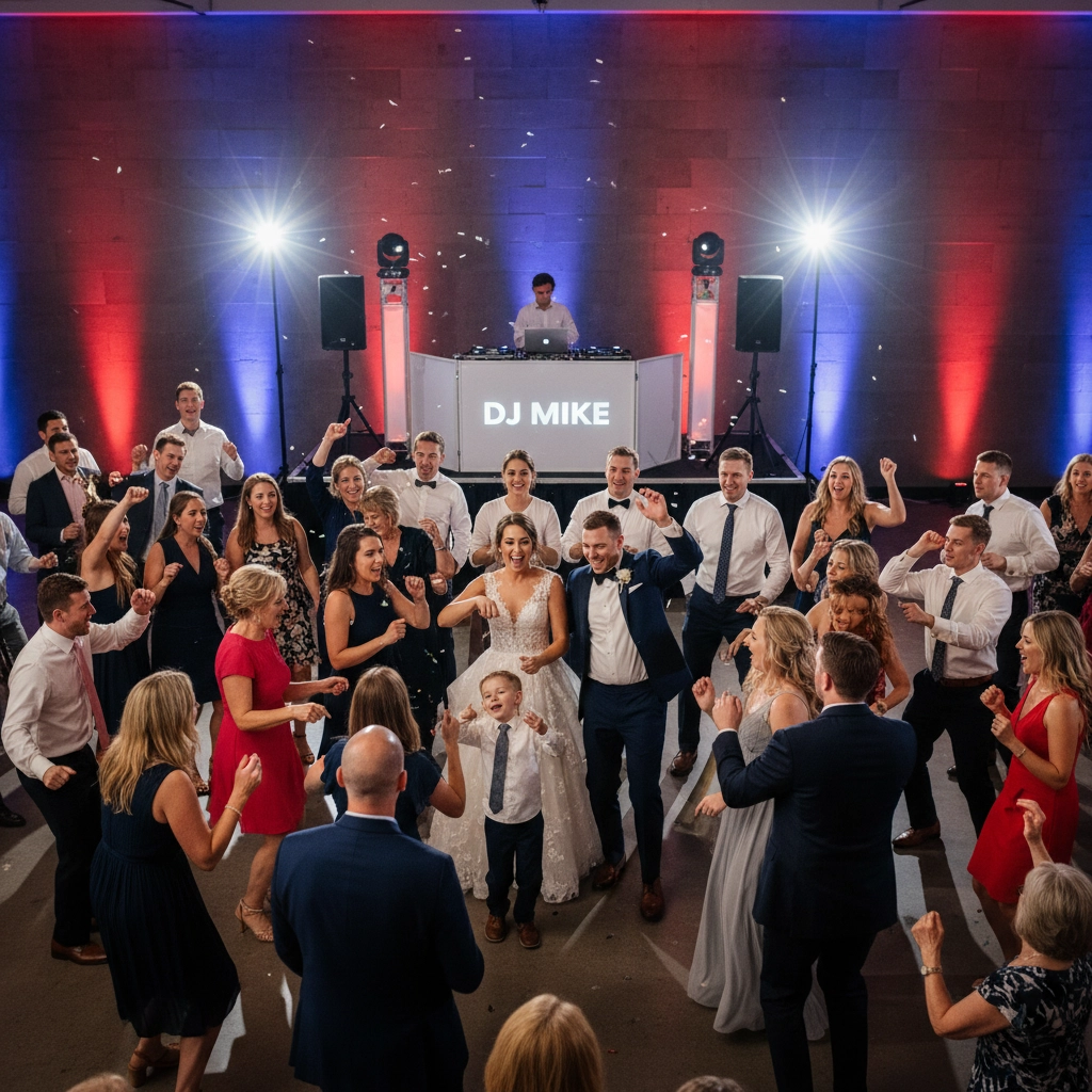 Wedding reception with a lively crowd dancing around a bride and groom. DJ Mike booth in the background, colorful lights enhance the festive mood.