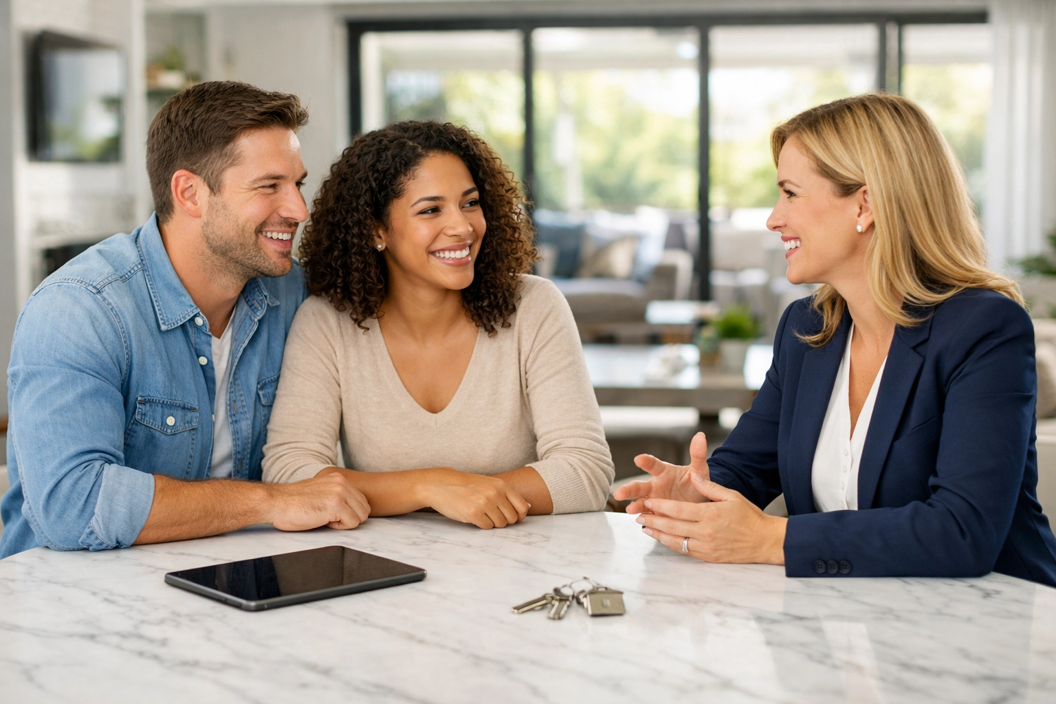 Cape Coral real estate agents discussing a home purchase with buyers in a modern kitchen setting.