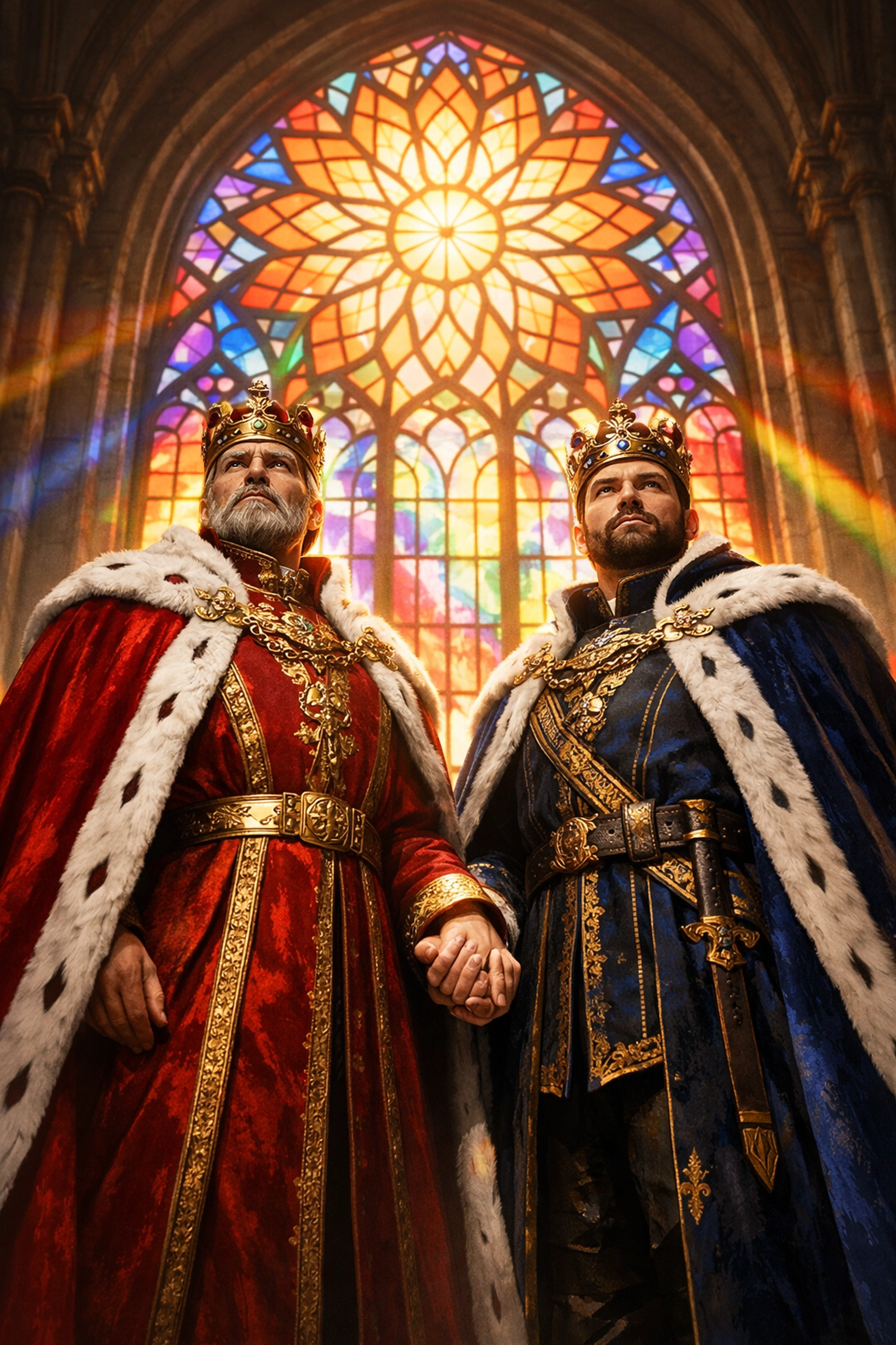 Two kings holding hands in a grand throne room representing the pride and love in mm romance books.