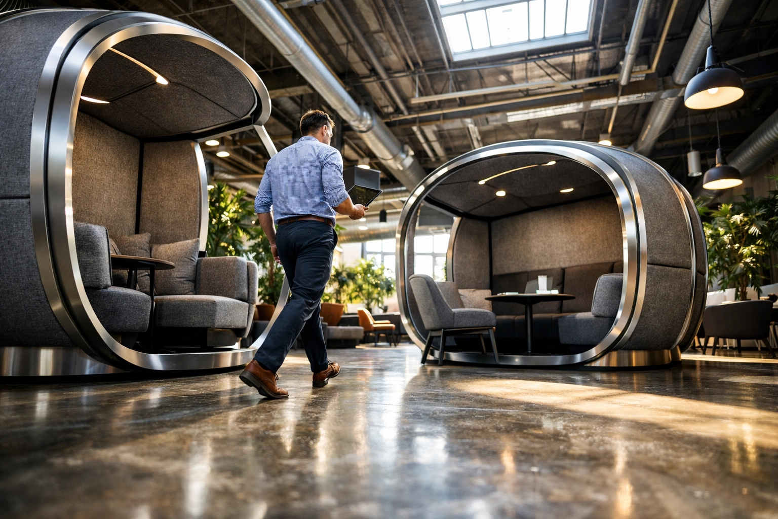 Future-ready open-concept hub with semi-enclosed circular work pods in a modern professional lounge.