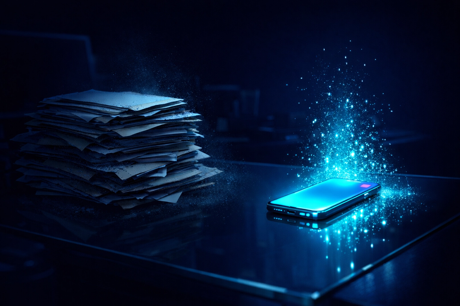 A glowing smartphone representing AI lead management replacing a dusty stack of cold leads.