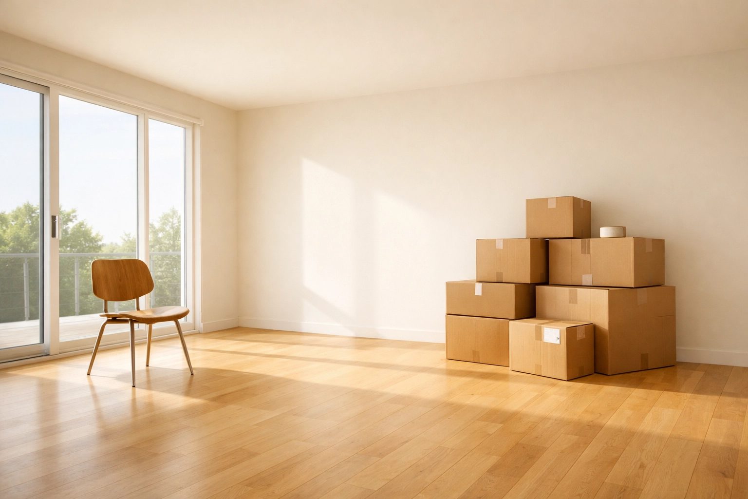 Sun-drenched modern living room with moving boxes, showcasing a successful doctor relocation in Northeast Ohio.