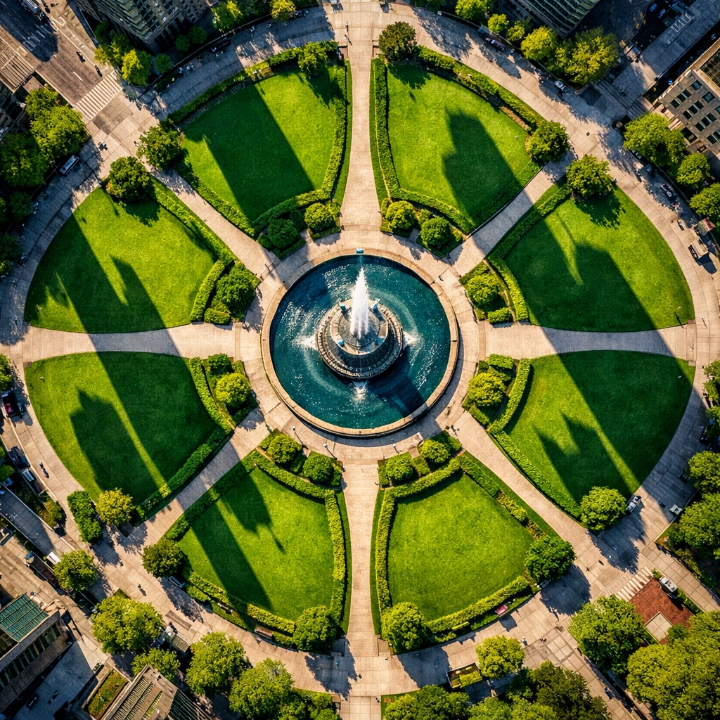 A drone shot of a symmetrical urban park, discovering unique photo spots from a high-altitude perspective.