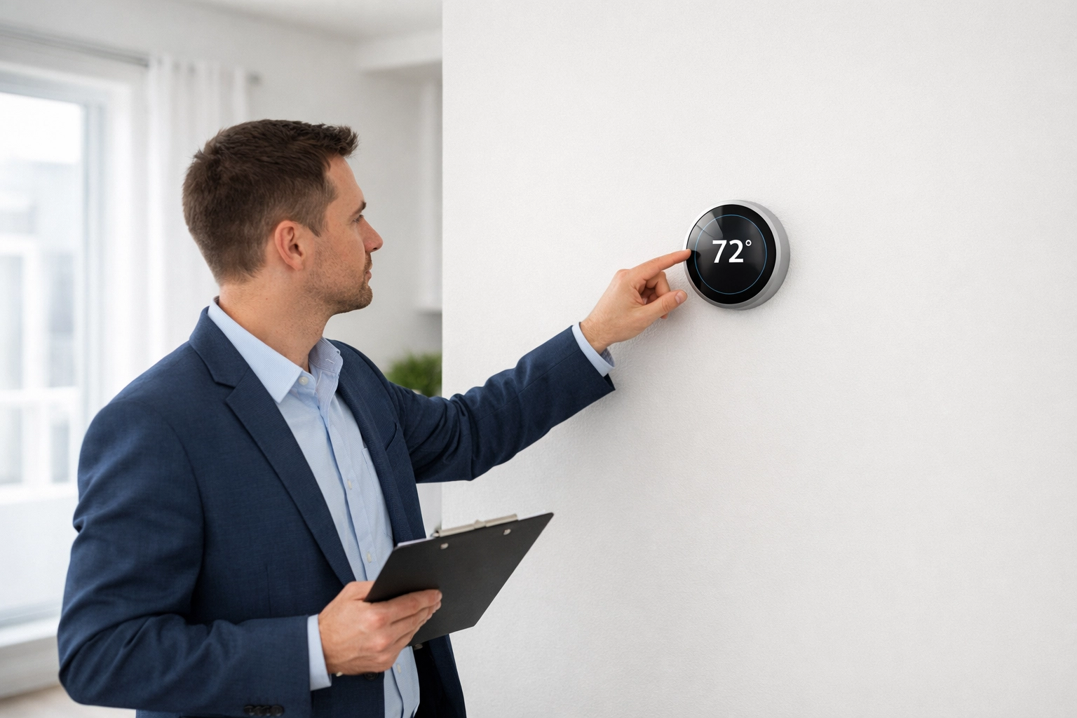 Property manager testing HVAC thermostat system in vacant apartment unit
