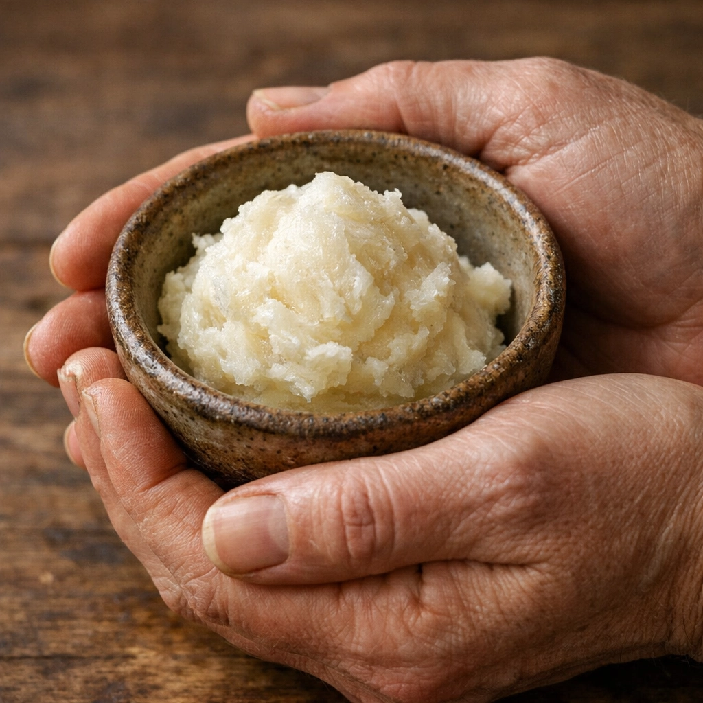 Pure grass-fed beef tallow in a ceramic bowl, representing ancestral biocompatible skincare.