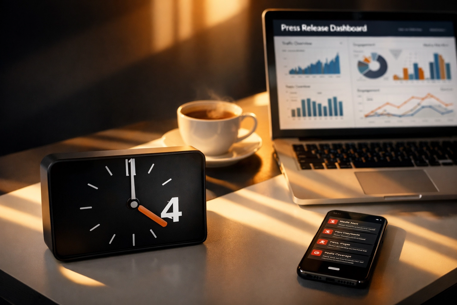 Professional workspace at 4PM showing press release dashboard and analytics for daily automation strategy