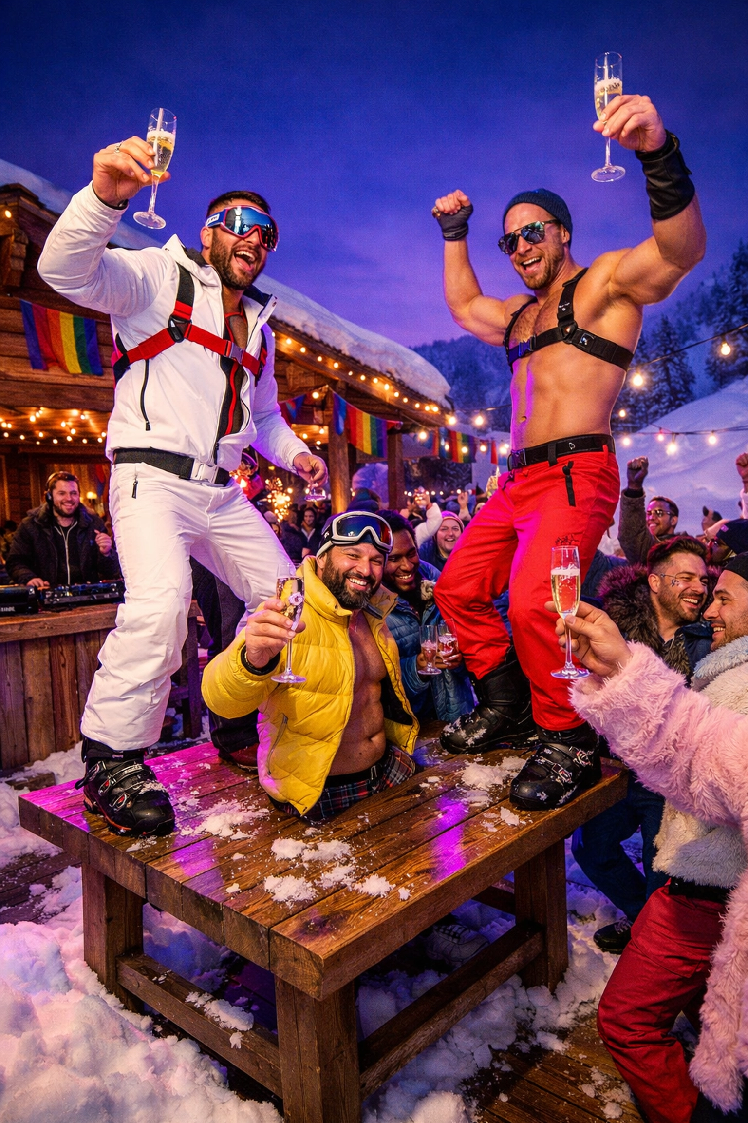 Lively LGBTQ+ après-ski party with men dancing on a snowy terrace during a gay ski week.