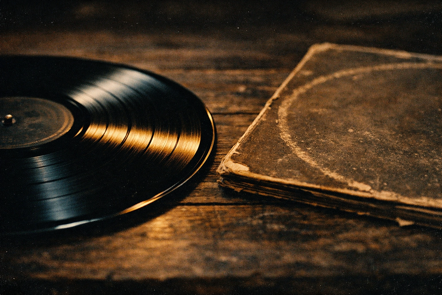 Comparison of near mint used vinyl records and a worn vintage sleeve at a record store Los Angeles.