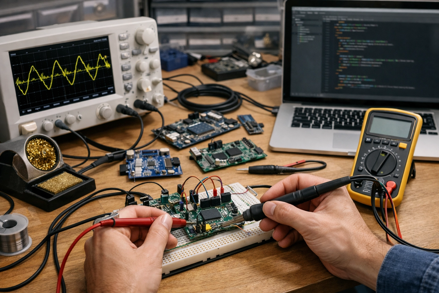 Embedded systems workbench with microcontroller boards, an oscilloscope, and a laptop used for hardware-software integration