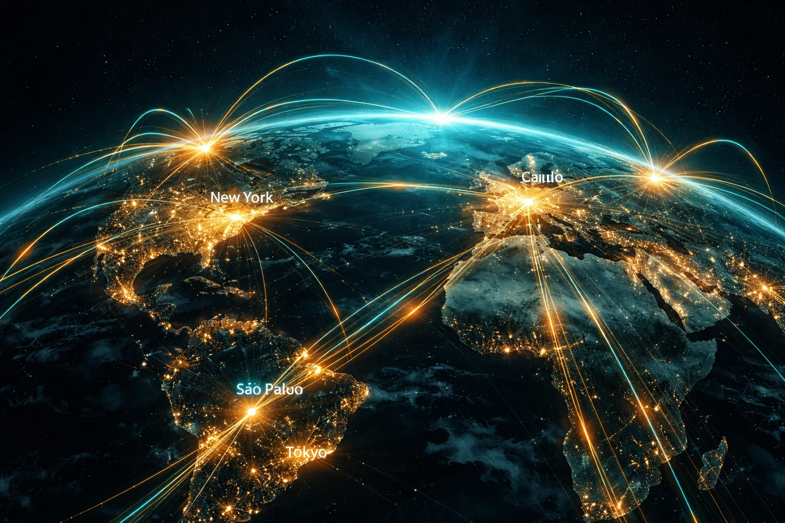 Global digital highway connecting major cities, illustrating LUSD borderless transactions and instant settlement.